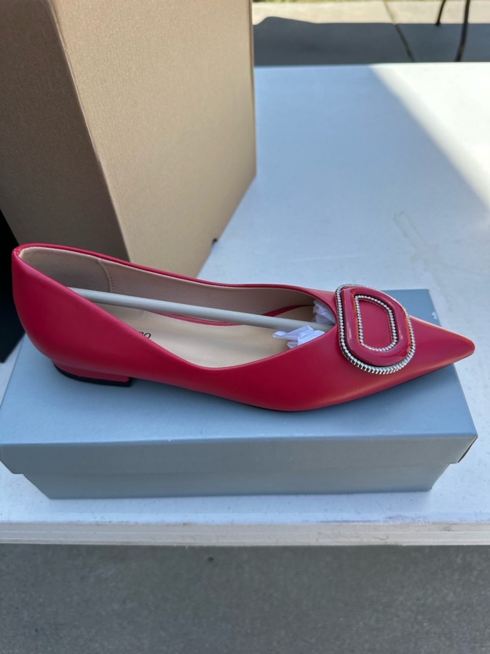 Pointed Red Women's Flat with Decorative Buckle